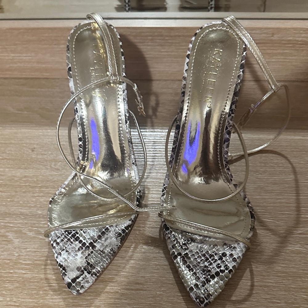AKIRA Gold Metallic Strappy Snakeskin Pointed Heels
